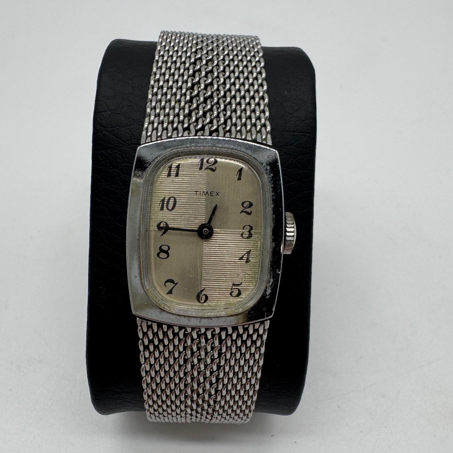 Vintage Timex Manual Wind Watch Silver Tone Mesh Band Rectangular Dial 20mm